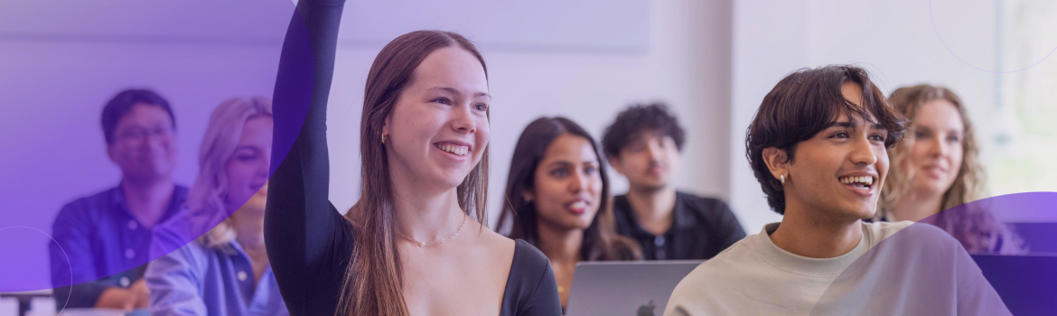 Students in a classroom, one raising her hand, with two purple graphic circles surrounding them